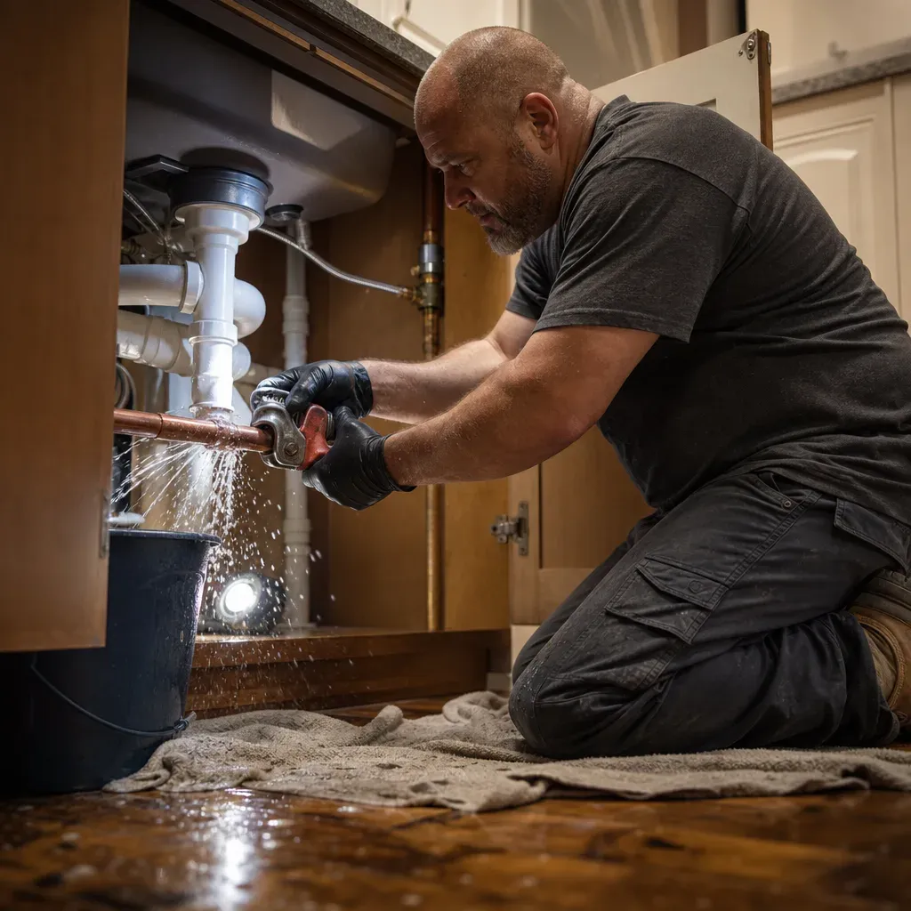 burst-pipe-repair-copper-line-kitchen-sink-troutdale Plumber repairing a burst copper pipe under a kitchen sink in Troutdale