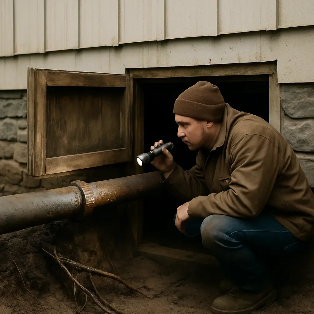Plumber inspecting root-damaged sewer pipe under crawl space near Salmon Creek Park Sandy