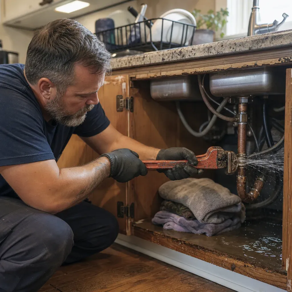 emergency-plumbing-repair-burst-copper-pipe-troutdale Plumber repairing a burst copper pipe during emergency plumbing repair in Troutdale home