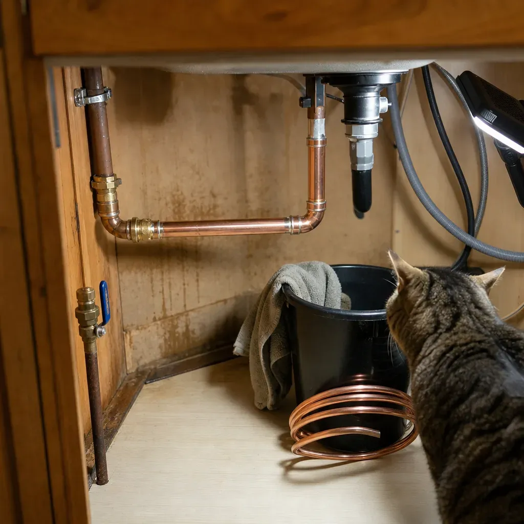 emergency-plumbing-repair-completed-pipe-joint-troutdale Repaired copper pipe joint after emergency plumbing repair completed in Troutdale kitchen