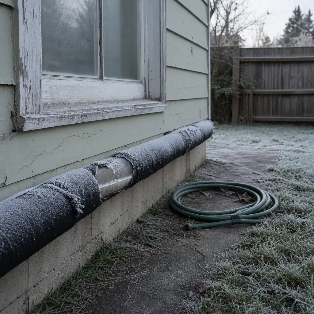emergency-plumbing-repair-frozen-pipe-troutdale-home Frozen exterior pipe with frost damage before emergency plumbing repair in older Troutdale home