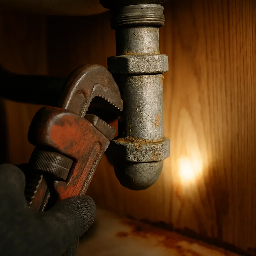 plumber-near-knollwood-park-sandy-galvanized-pipe-repair Plumber repairing corroded galvanized pipe under sink in older Knollwood Park Sandy home