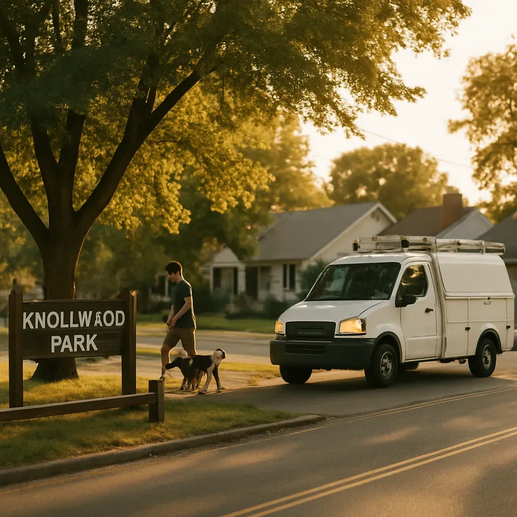 plumber-near-knollwood-park-sandy-neighborhood-community Plumbing truck driving past Knollwood Park entrance in residential Sandy neighborhood