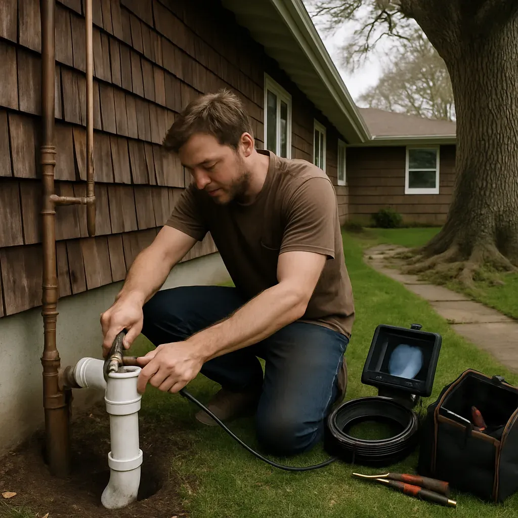 plumber-near-knollwood-park-sandy-sewer-line-root-repair Plumber repairing sewer line near tree roots at older home near Knollwood Park Sandy