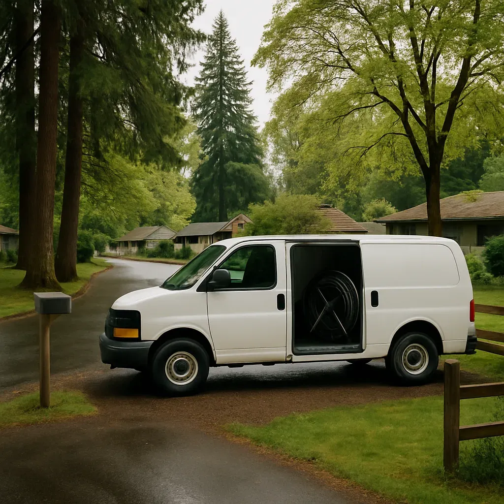 Plumbing van parked near Salmon Creek Park homes in Sandy for sewer line service call