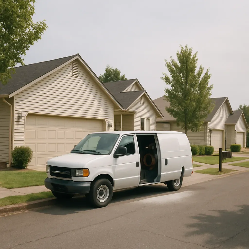 plumbing-van-sandy-public-library-neighborhood-street Plumbing van parked near homes close to Sandy Public Library for water heater service