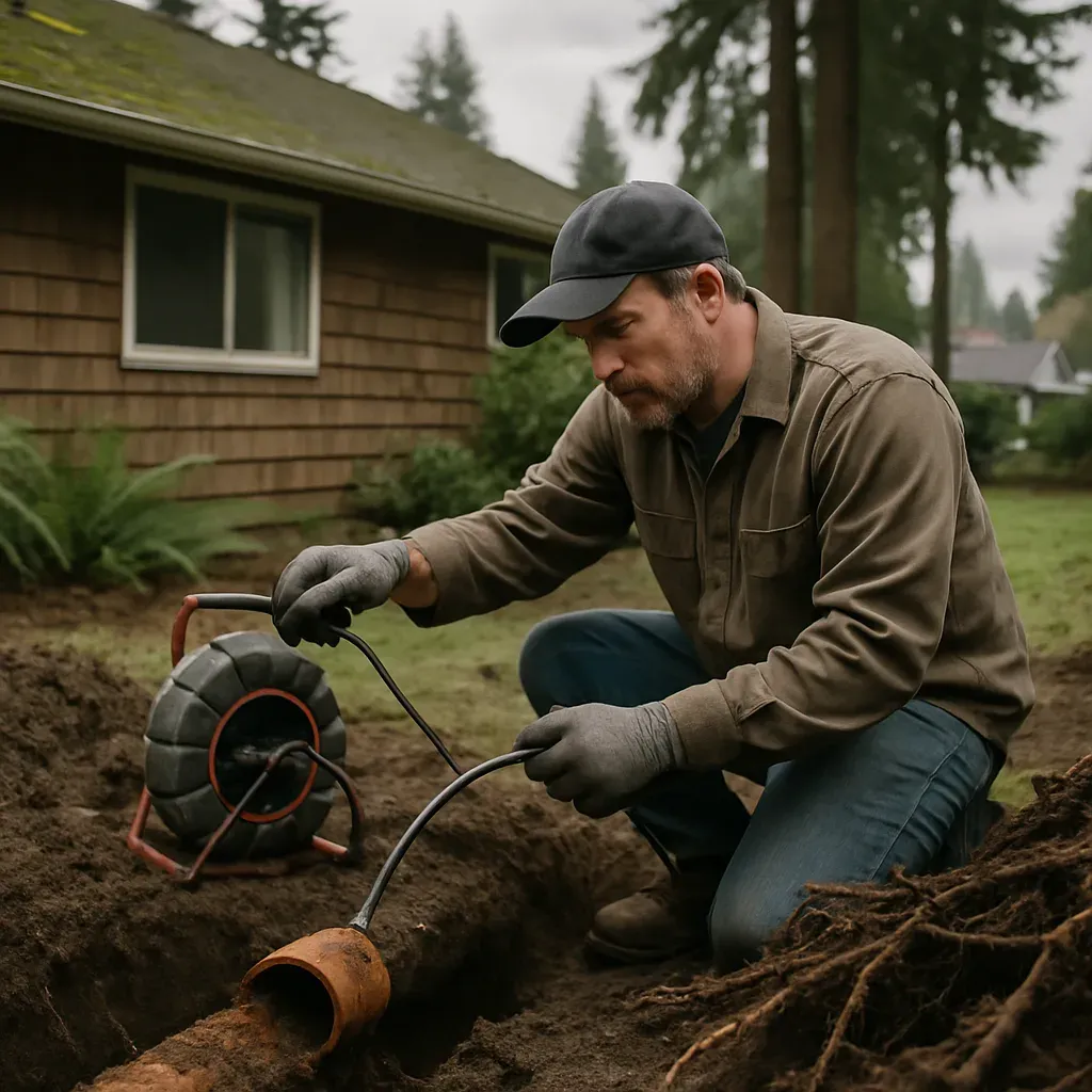 Plumber repairing root-damaged sewer line near Sandy Bluff Park home