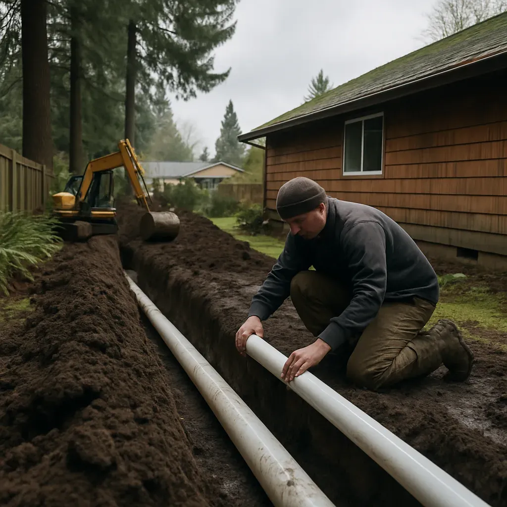 Plumber replacing sewer line in trench at Sandy Oregon ranch home near Salmon Creek Park