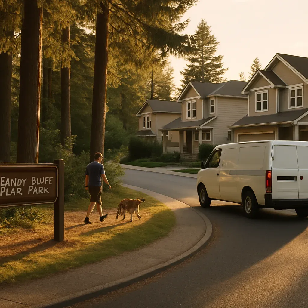 Service van passing Sandy Bluff Park during sewer repair route