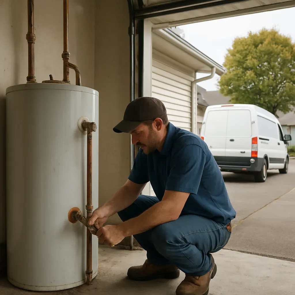 water-heater-repair-sandy-public-library-garage-service Plumber repairing water heater in garage near Sandy Public Library neighborhood home